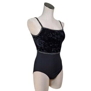 GK Elite VTG Two-Tone Velvet Tank Leotard with Glitter Band Logo Black Size AXL